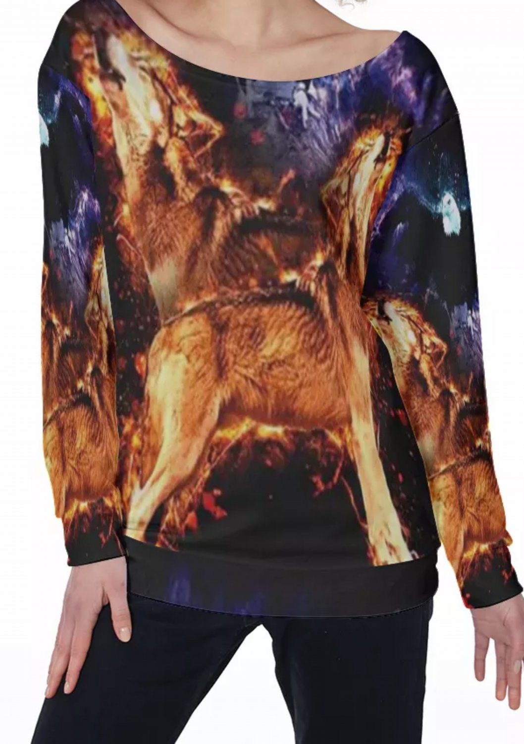 Two Wolves in Flames All-Over Print Women's Off-Shoulder Sweatshirt