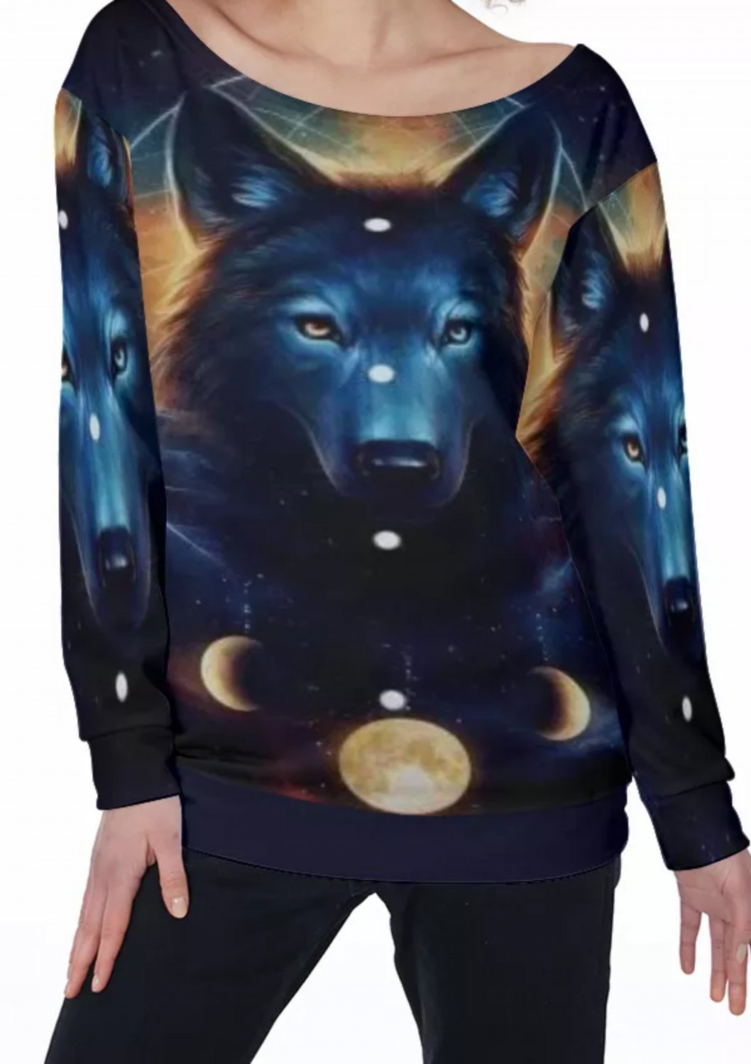 Wolf Moon Phase Face All-Over Print Women's Off-Shoulder Sweatshirt