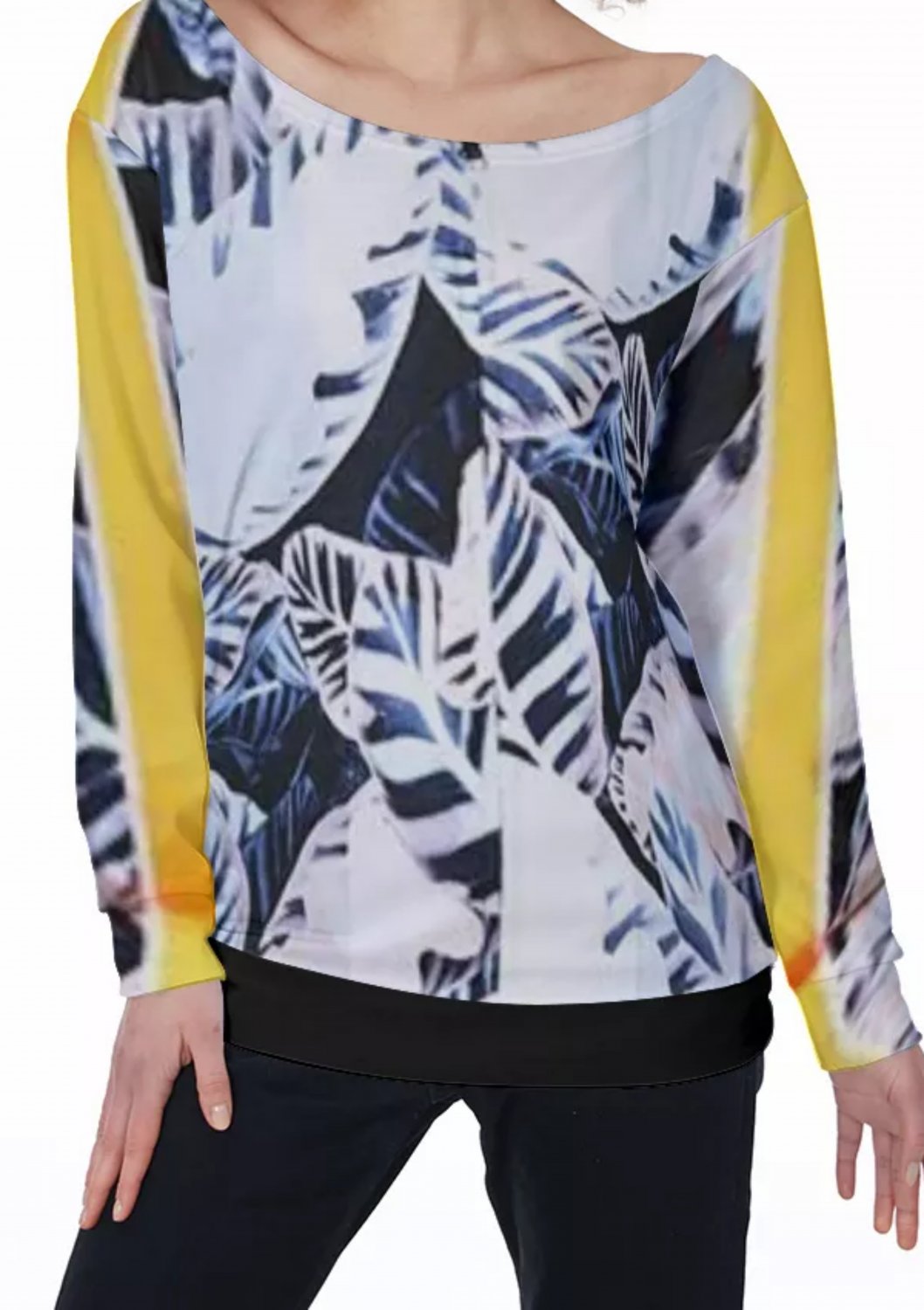 Yellow and Navy Leaf Print Women's Off-Shoulder Sweatshirt