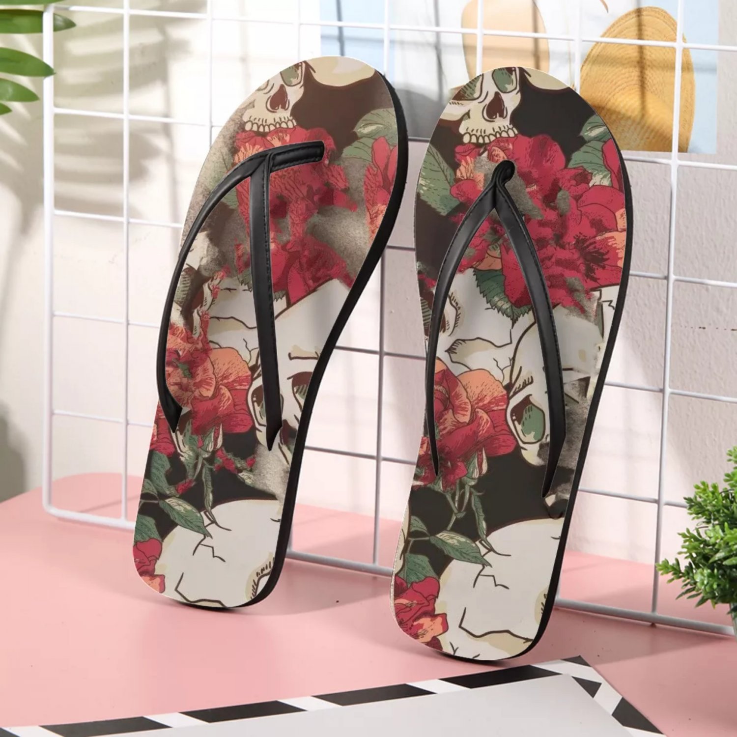 Skulls and Roses Flip Flops
