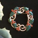 Fabulous Large Golden Wreath Brooch With Red Rhinestones