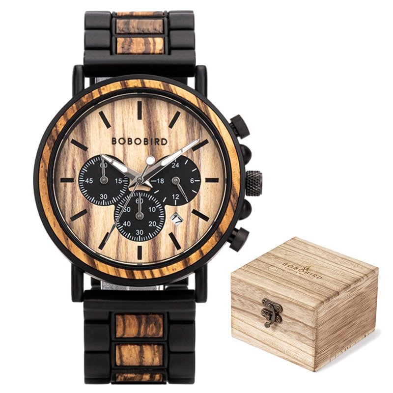 P09-1_Wooden Watch Men Stopwatch Chronograph Luxury Stylish Show Date Wood Quartz Wristwatch Male Ti