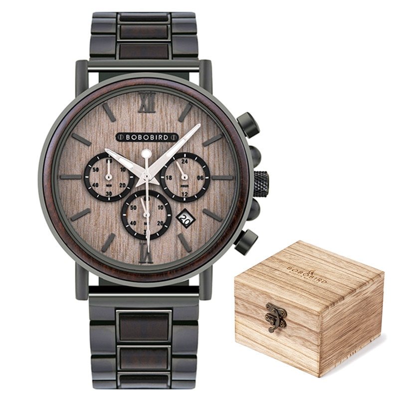 T50-2_Wooden Watch Men Stopwatch Chronograph Luxury Stylish Show Date Wood Quartz Wristwatch Male Ti