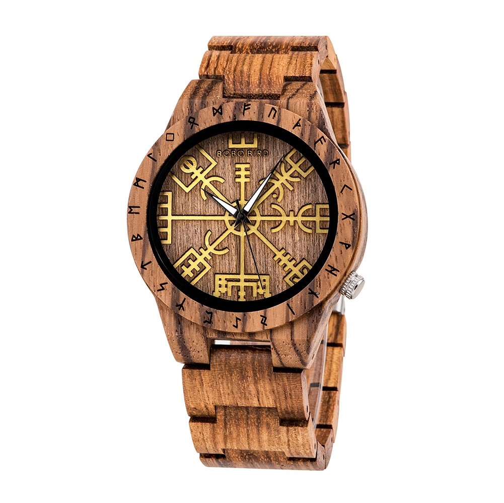 T16-3_Men Watches  Warriors Collection Valknut Handmade Engraved Wooden Watch Custom Logo Dropshippp