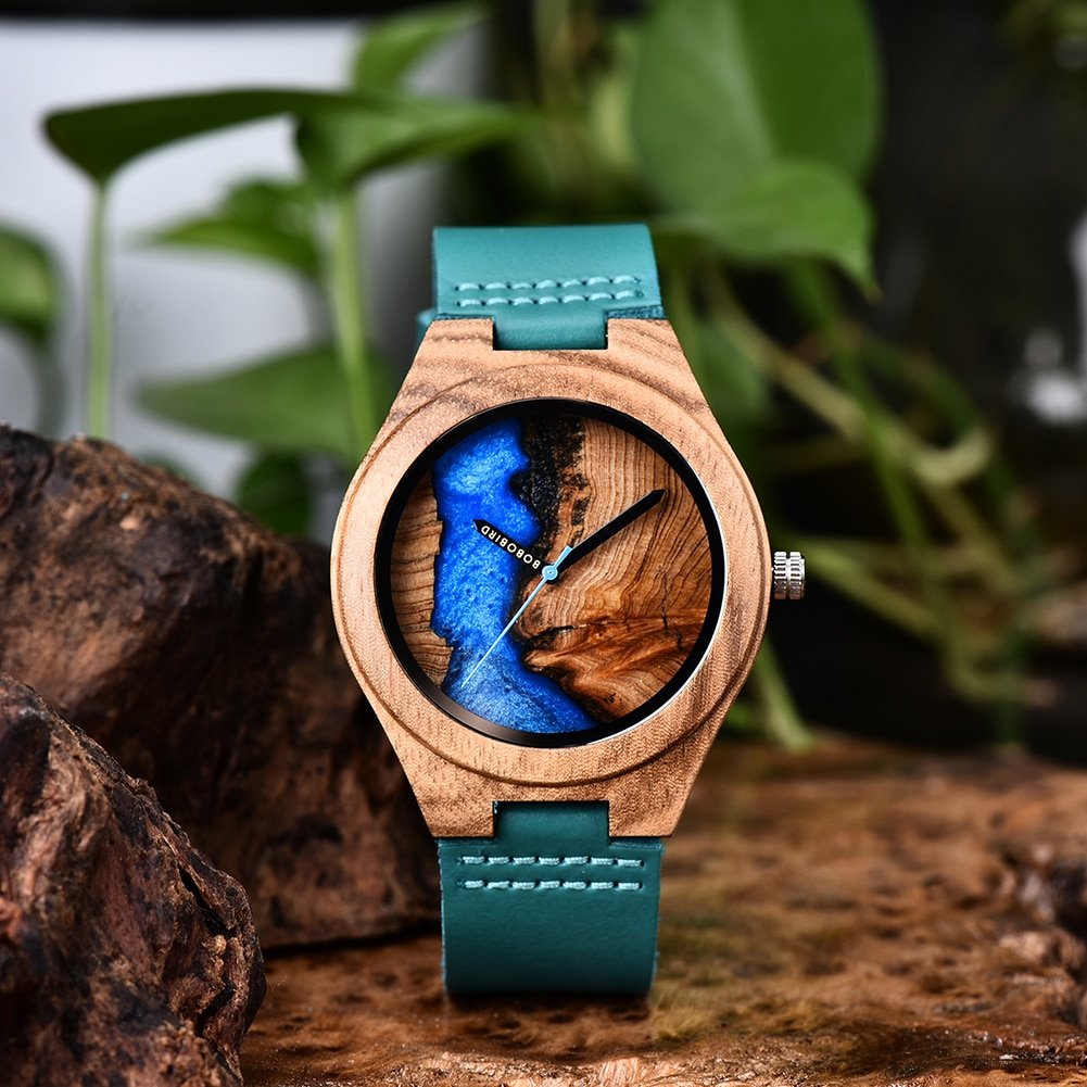 GT074-1 men_Valentine's Day Present 2022 Blue Resin Wristwatch Japan Quartz Movement Thuja Wood with