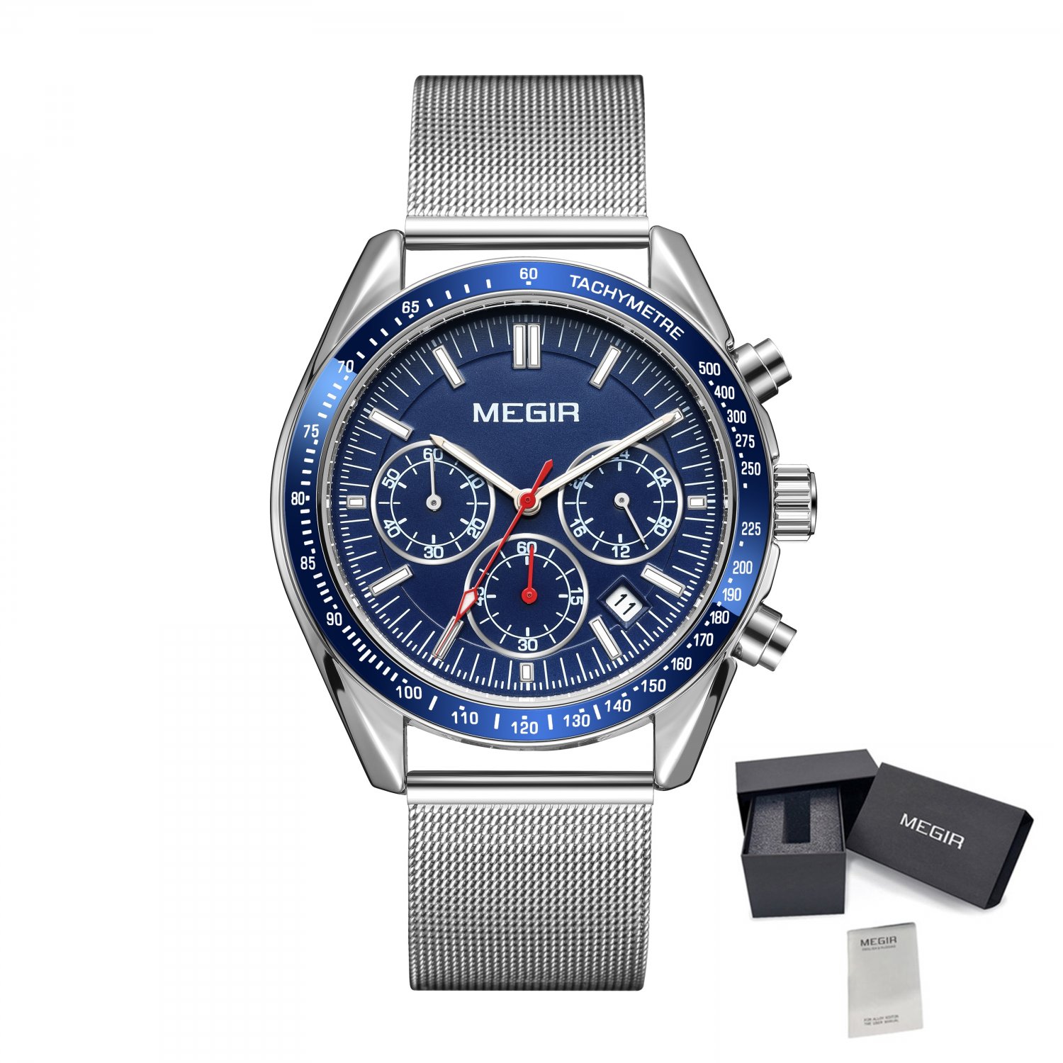 Blue Silver_Business Men Watch Stainless Steel Mesh Belt Quartz Watches Luxury Man Wristwatch Calend