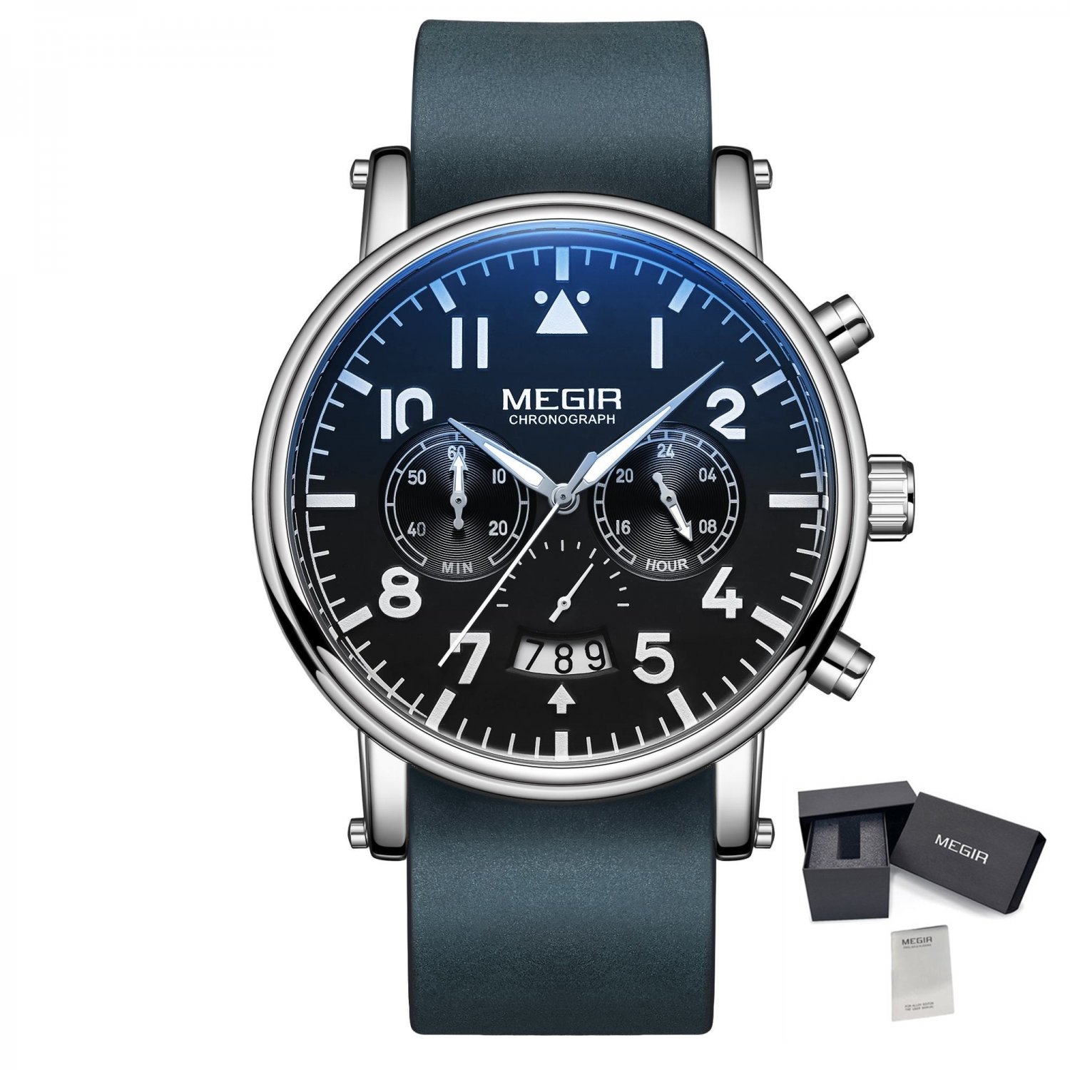 Silver Blue_Mens Watches Leather Military Sport Watch Chronograph Luminous Waterproof Quartz Wristwa