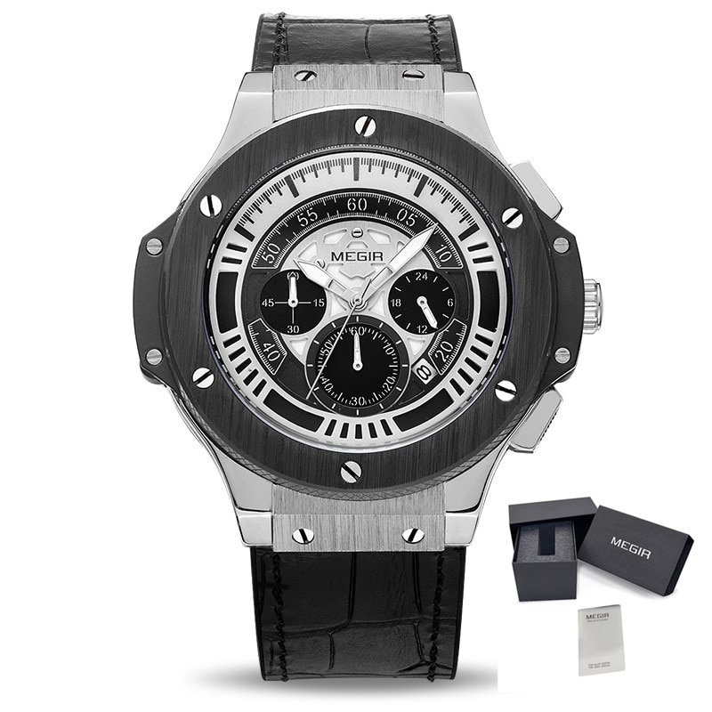 Silver Black_s  Leather Strap Sport Watches Men Casual Quartz WristWatches Waterproof Male Clock  e