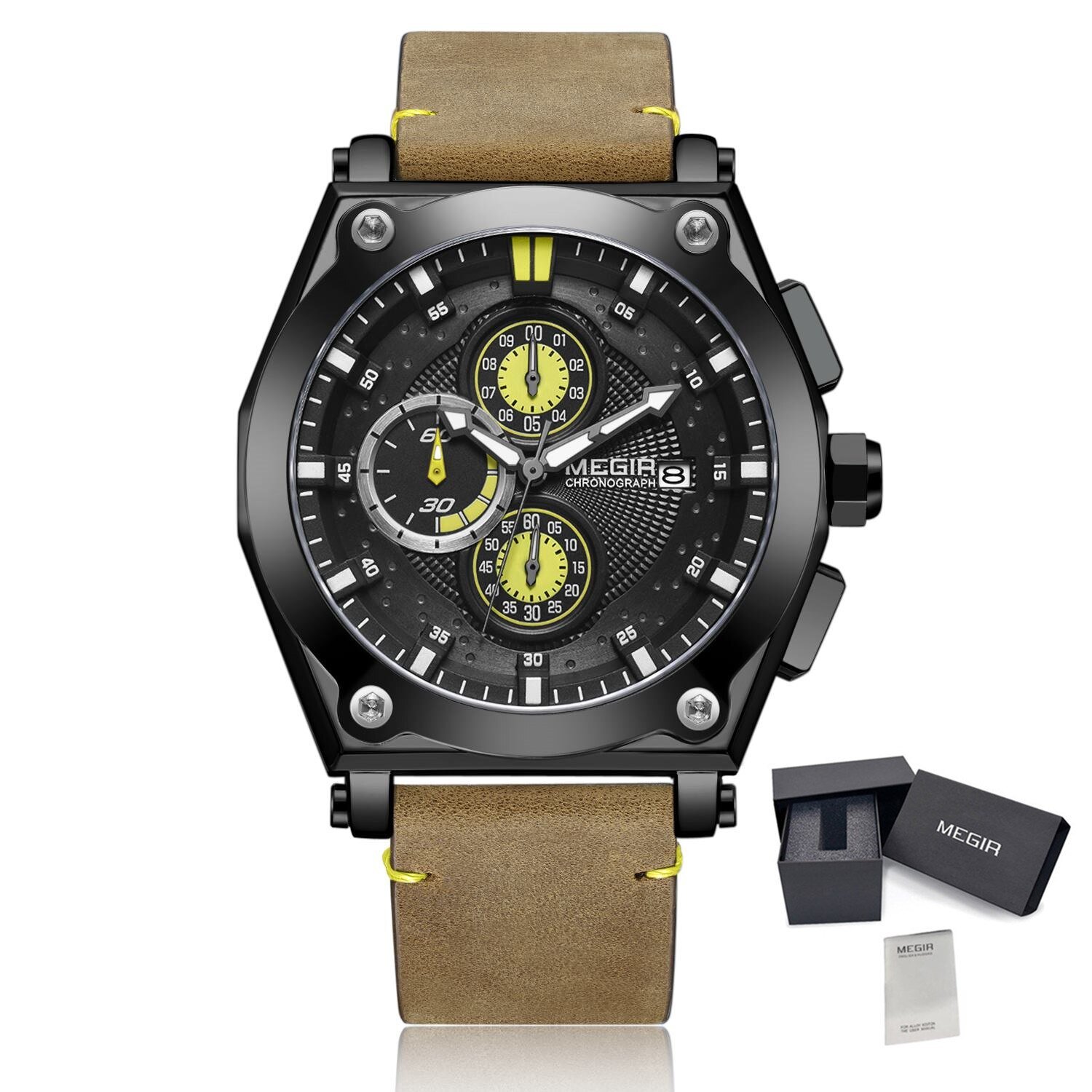 Black Silver_Blue Quartz Men Watches  Leather Strap Chronograph Sport Wrist Watch Men Clock