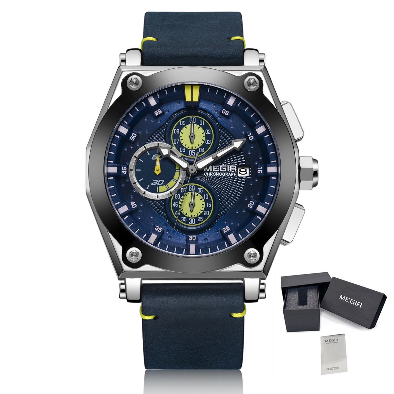 Silver Blue_Blue Quartz Men Watches  Leather Strap Chronograph Sport Wrist Watch Men Clock