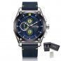 Silver Blue_Blue Quartz Men Watches  Leather Strap Chronograph Sport Wrist Watch Men Clock