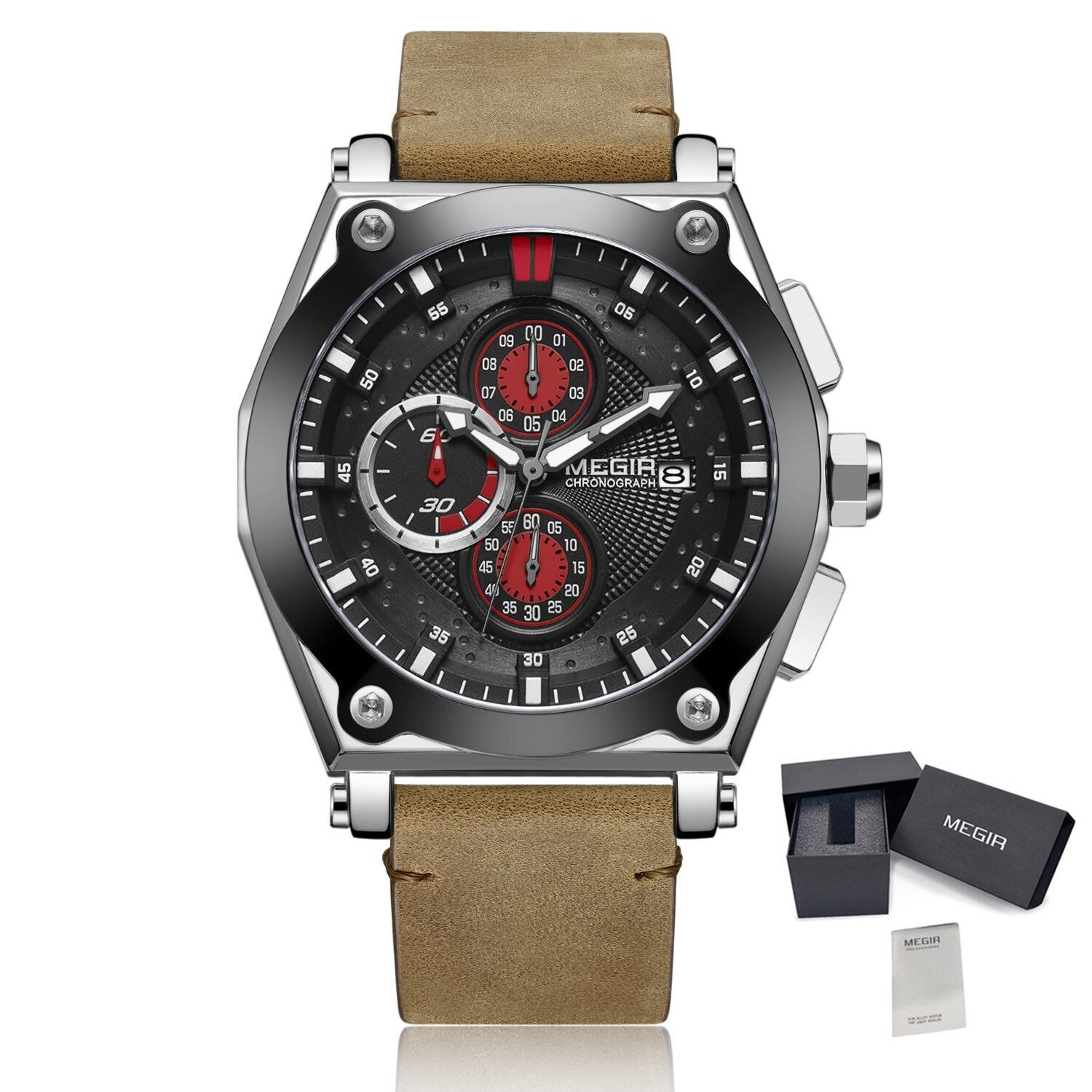 Silver Brown_Blue Quartz Men Watches  Leather Strap Chronograph Sport Wrist Watch Men Clock