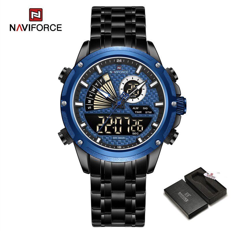BBE-BOX_Men Quartz Digital Watch Stainless Steel Strap Waterproof Wristwatches Alarm Dual Display Cl