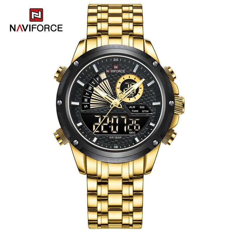 GB_Men Quartz Digital Watch Stainless Steel Strap Waterproof Wristwatches Alarm Dual Display Clock  