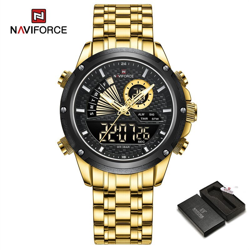 GB-BOX_Men Quartz Digital Watch Stainless Steel Strap Waterproof Wristwatches Alarm Dual Display Clo
