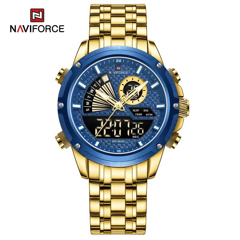 GBE_Men Quartz Digital Watch Stainless Steel Strap Waterproof Wristwatches Alarm Dual Display Clock 