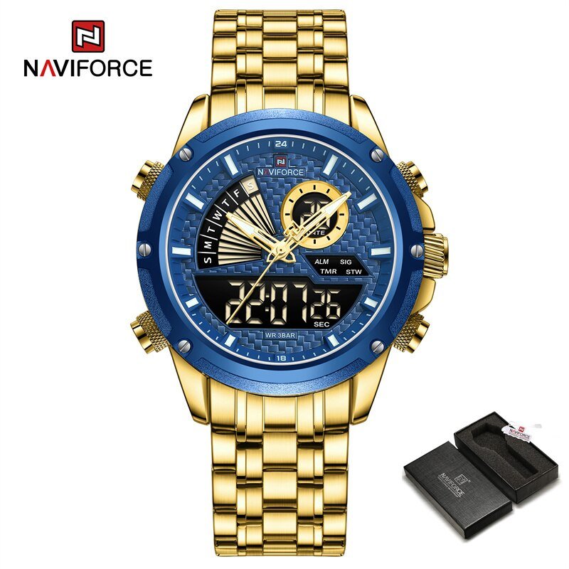GBE-BOX_Men Quartz Digital Watch Stainless Steel Strap Waterproof Wristwatches Alarm Dual Display Cl