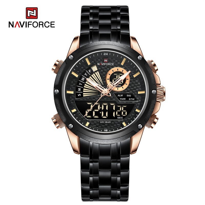 RGB_Men Quartz Digital Watch Stainless Steel Strap Waterproof Wristwatches Alarm Dual Display Clock 