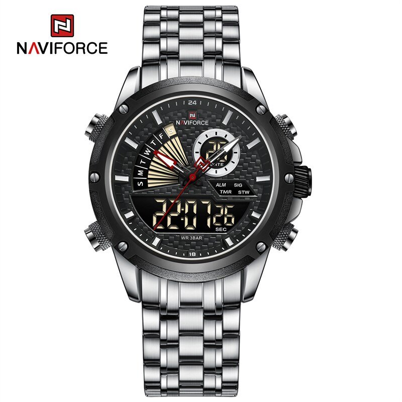 SB_Men Quartz Digital Watch Stainless Steel Strap Waterproof Wristwatches Alarm Dual Display Clock  