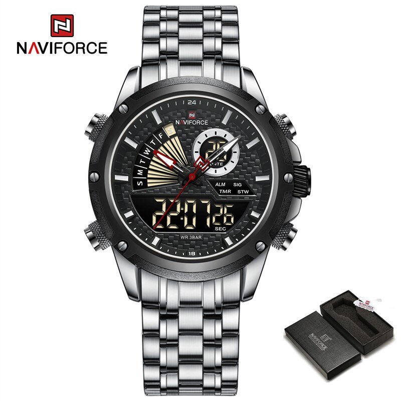SB-BOX_Men Quartz Digital Watch Stainless Steel Strap Waterproof Wristwatches Alarm Dual Display Clo