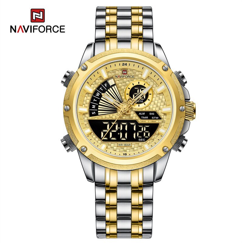 SG_Men Quartz Digital Watch Stainless Steel Strap Waterproof Wristwatches Alarm Dual Display Clock  