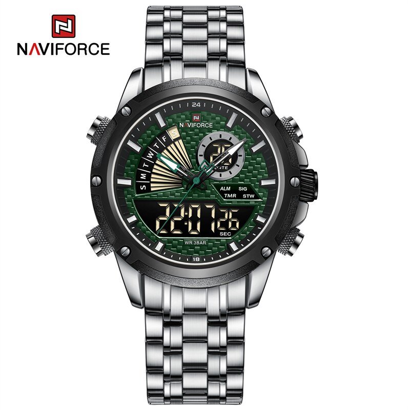 SGN_Men Quartz Digital Watch Stainless Steel Strap Waterproof Wristwatches Alarm Dual Display Clock 