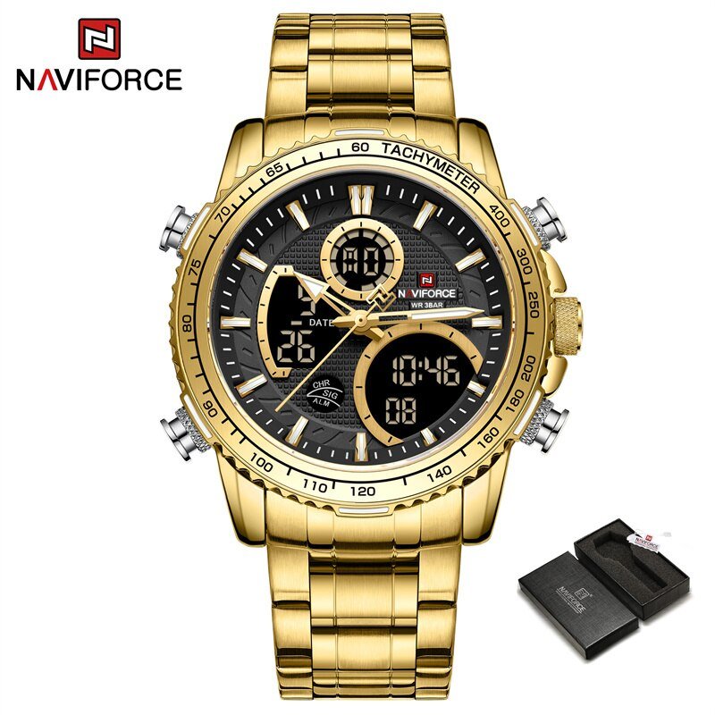 GB BOX_Brand Watch Men Stainless Steel Band Waterproof Quartz Wristwatch Big Sports Chronograph Cloc