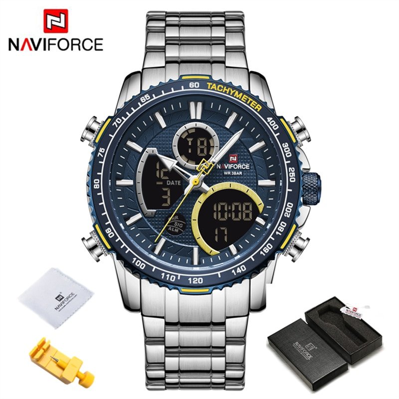 SBE BOX_Brand Watch Men Stainless Steel Band Waterproof Quartz Wristwatch Big Sports Chronograph Clo