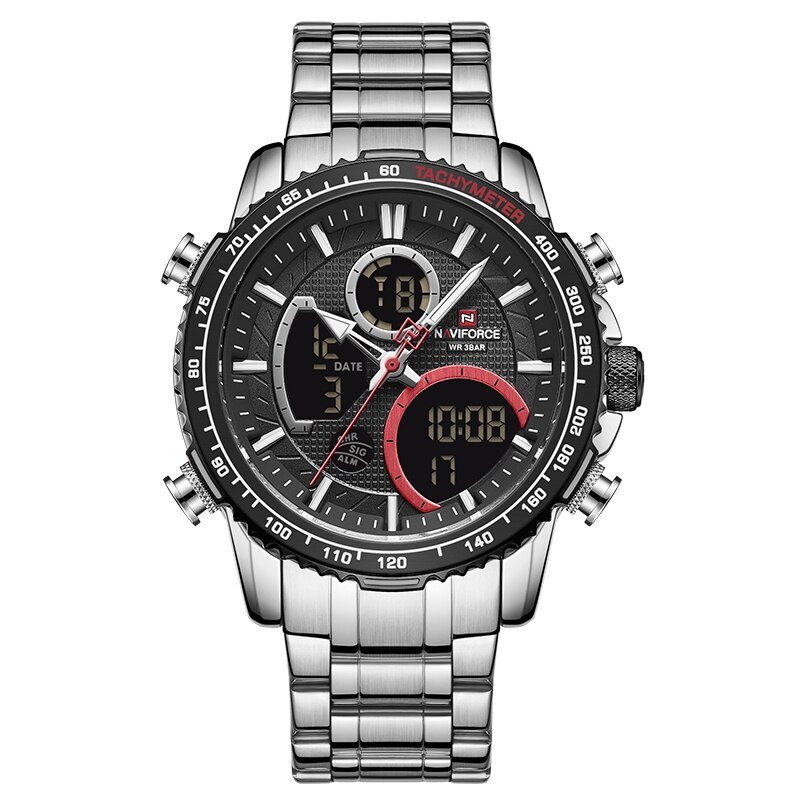 Silver Black_Brand Watch Men Stainless Steel Band Waterproof Quartz Wristwatch Big Sports Chronograp