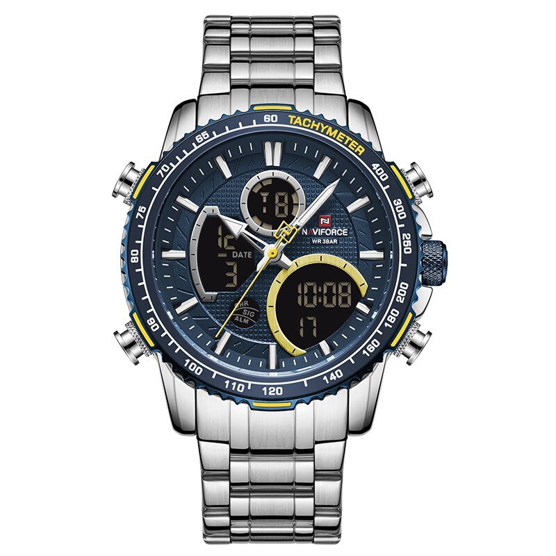 Silver Blue_Brand Watch Men Stainless Steel Band Waterproof Quartz Wristwatch Big Sports Chronograph