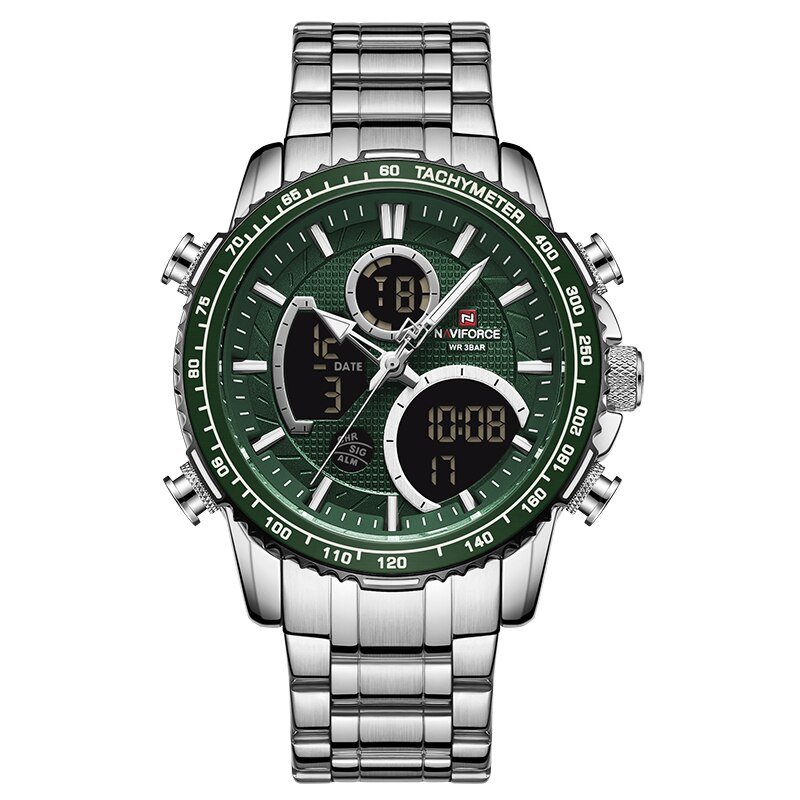 Silver Green_Brand Watch Men Stainless Steel Band Waterproof Quartz Wristwatch Big Sports Chronograp