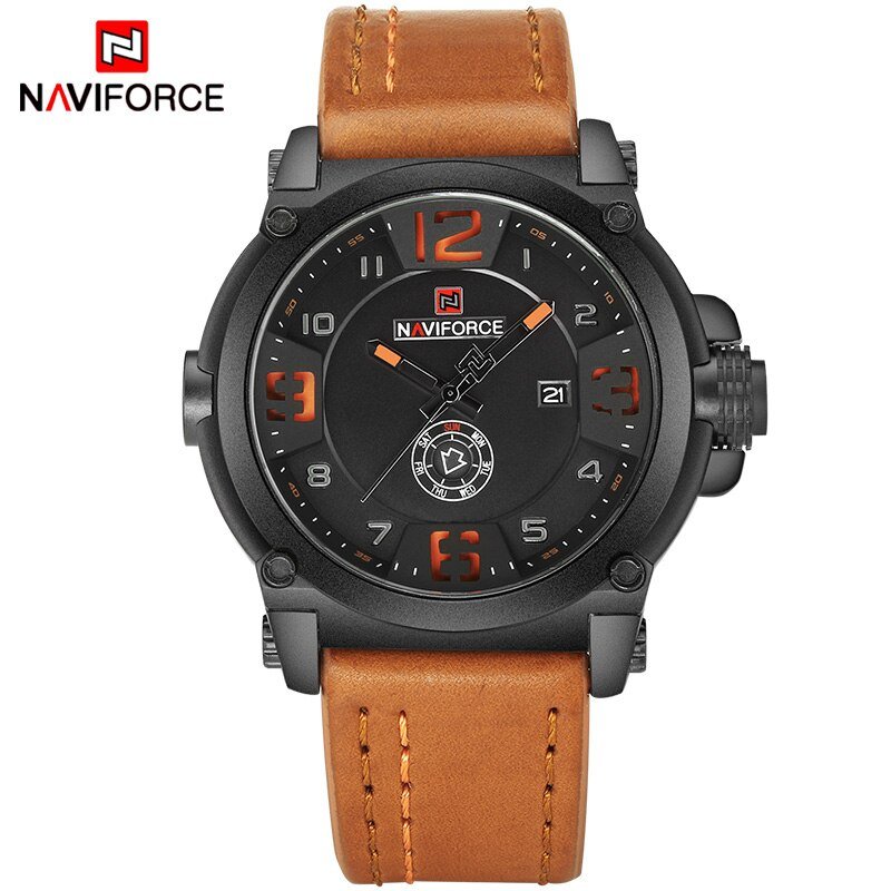 Orange_Mens Watches  Top   Men Leather Watches Man Analog Quartz Clock Waterproof Sports Army Milita