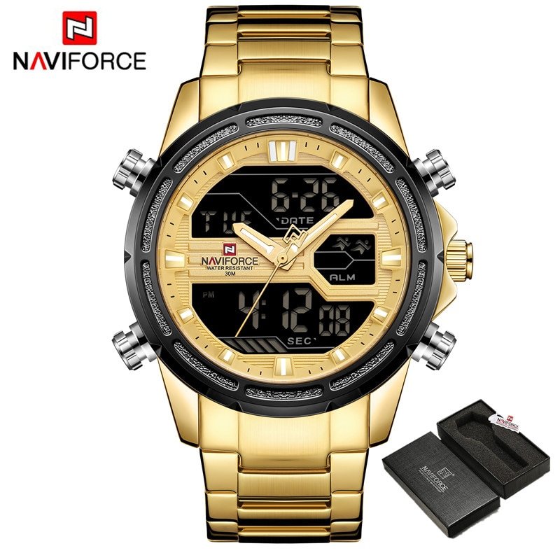 GG BOX_Watches for Men   Digital Chronograph Sport Quartz Wristwatch Waterproof Military Steel Band 