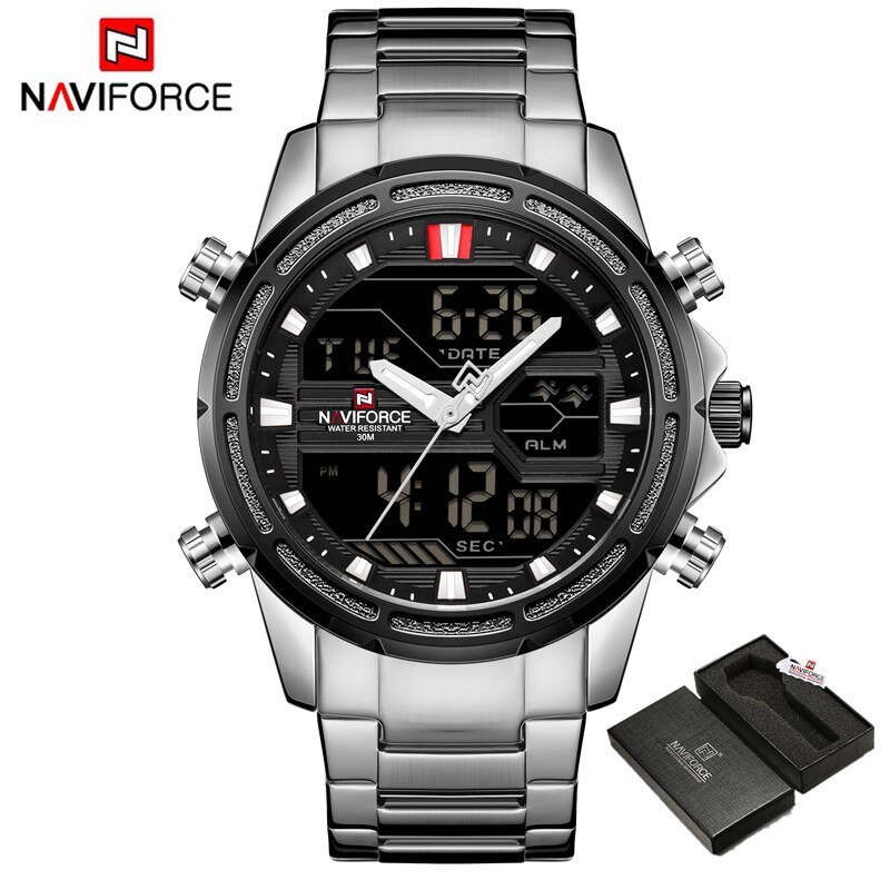 SBW BOX_Watches for Men   Digital Chronograph Sport Quartz Wristwatch Waterproof Military Steel Band