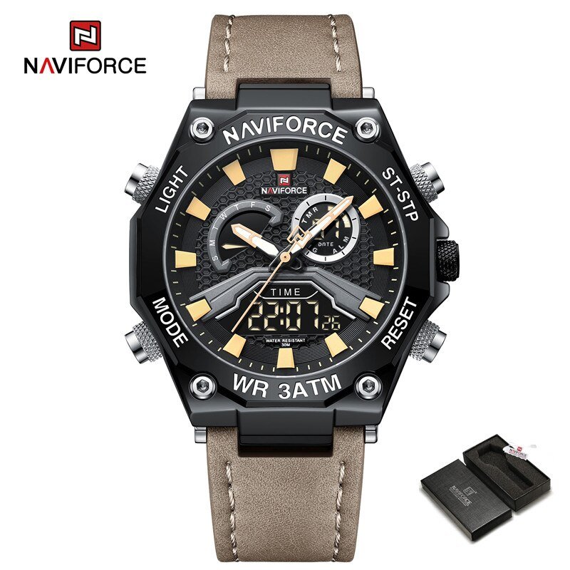 BYBN-BOX_NAVIFROCE Men Watch Military Sport Leather Strap Waterproof Male Quartz Wristwatches LCD Di