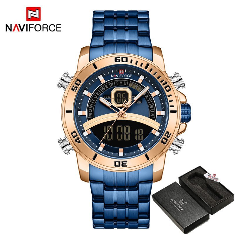 Rose Gold Blue-BOX_Watches Men Top   Sport Quartz Mens Watch Stainless Steel Chronograph Male Clock