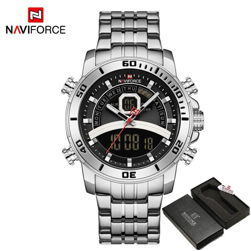Silver Black-BOX_Watches Men Top   Sport Quartz Mens Watch Stainless Steel Chronograph Male Clock