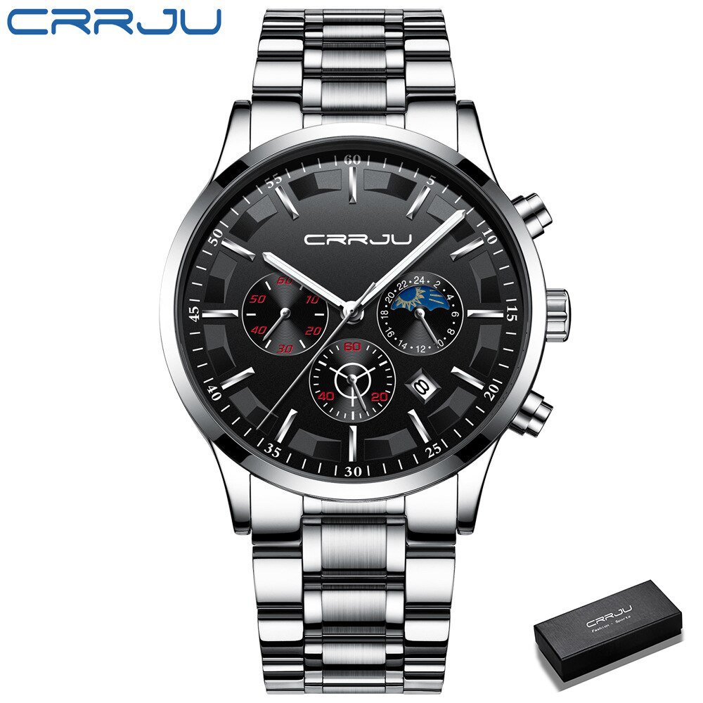 silver black box_Men Watches Quartz Steel  Luxury Calendar Watch Sports Chronograph Clock