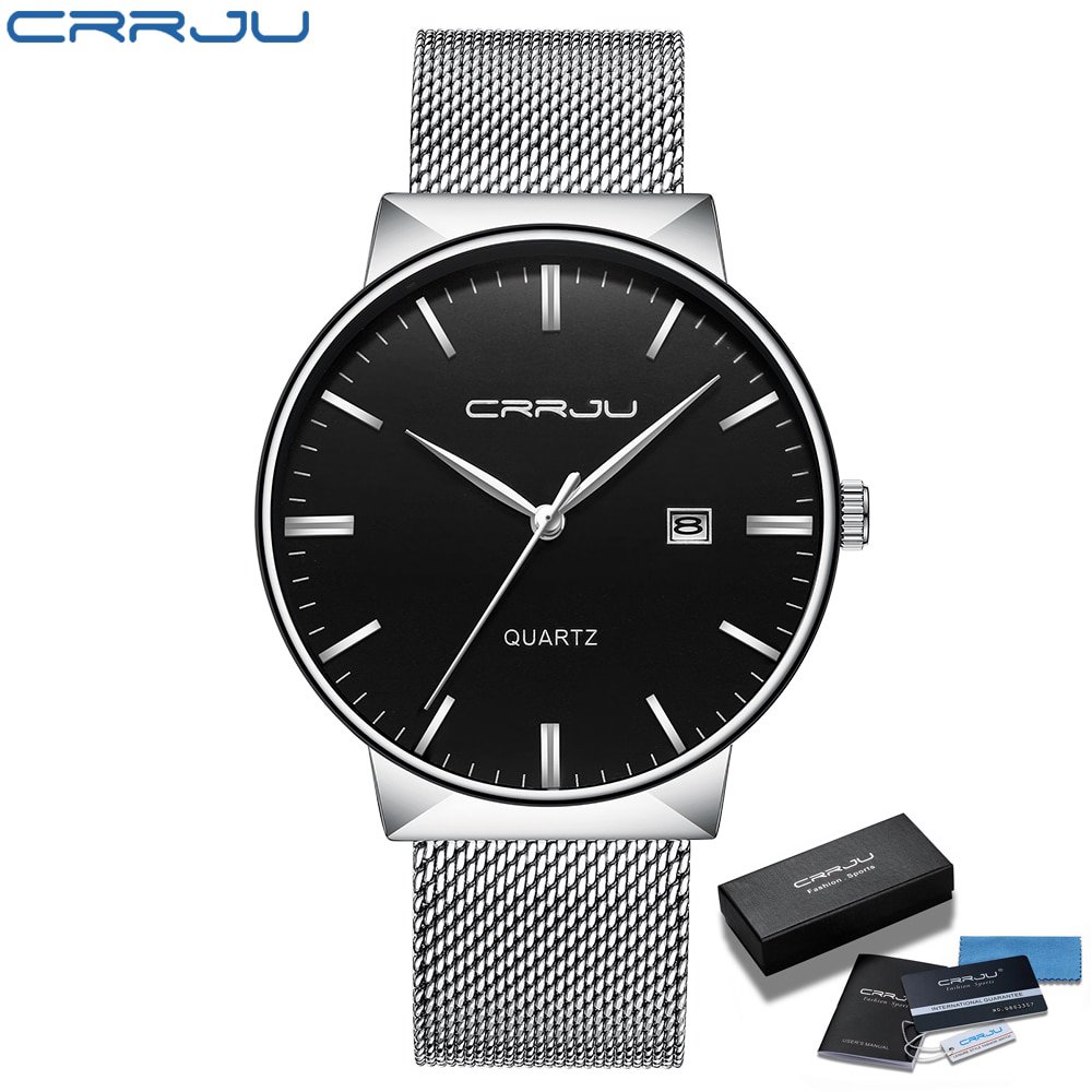 silver black box_Men Watch Quartz Casual Ultra-thin Wristwatches with Date