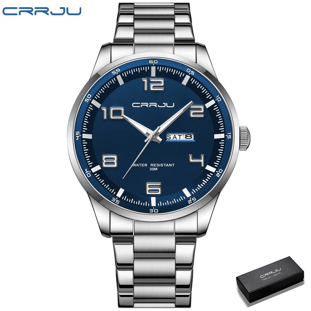 Silver blue box_Business Men Luxury Watches Stainless Steel Quartz Auto Date Clock with Luminous Han
