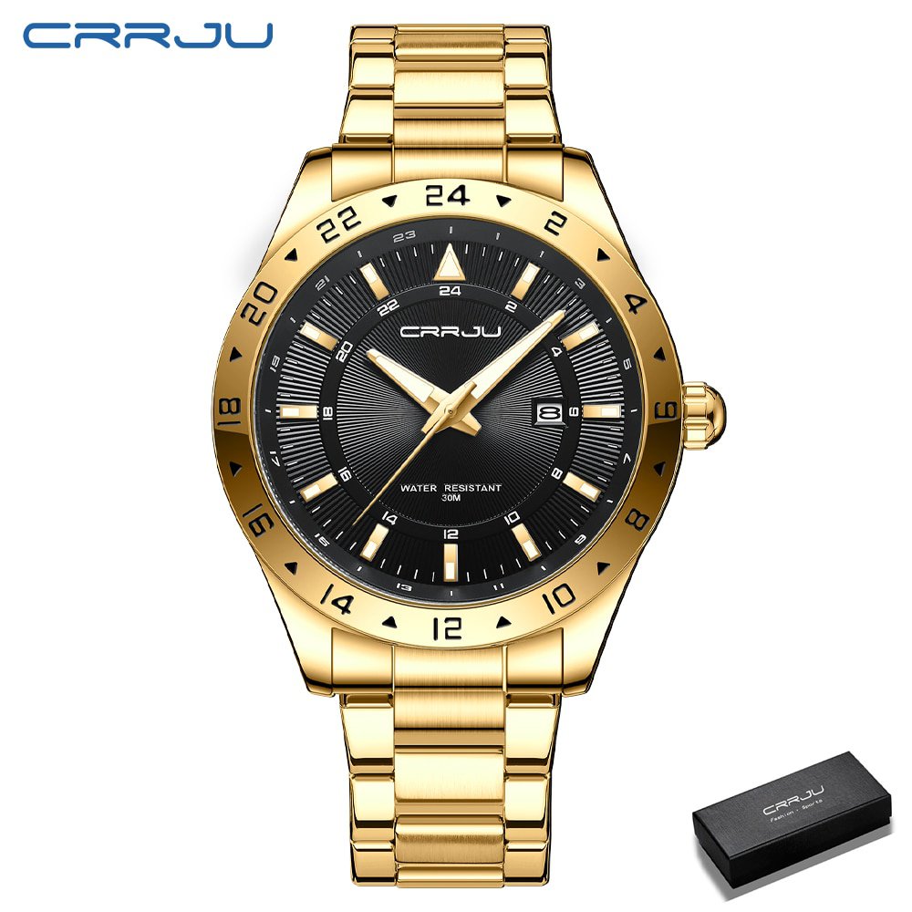 Gold black box_Men Watch Quartz Wristwatches for Men Golden Clock Stainless Steel Male Watches with 