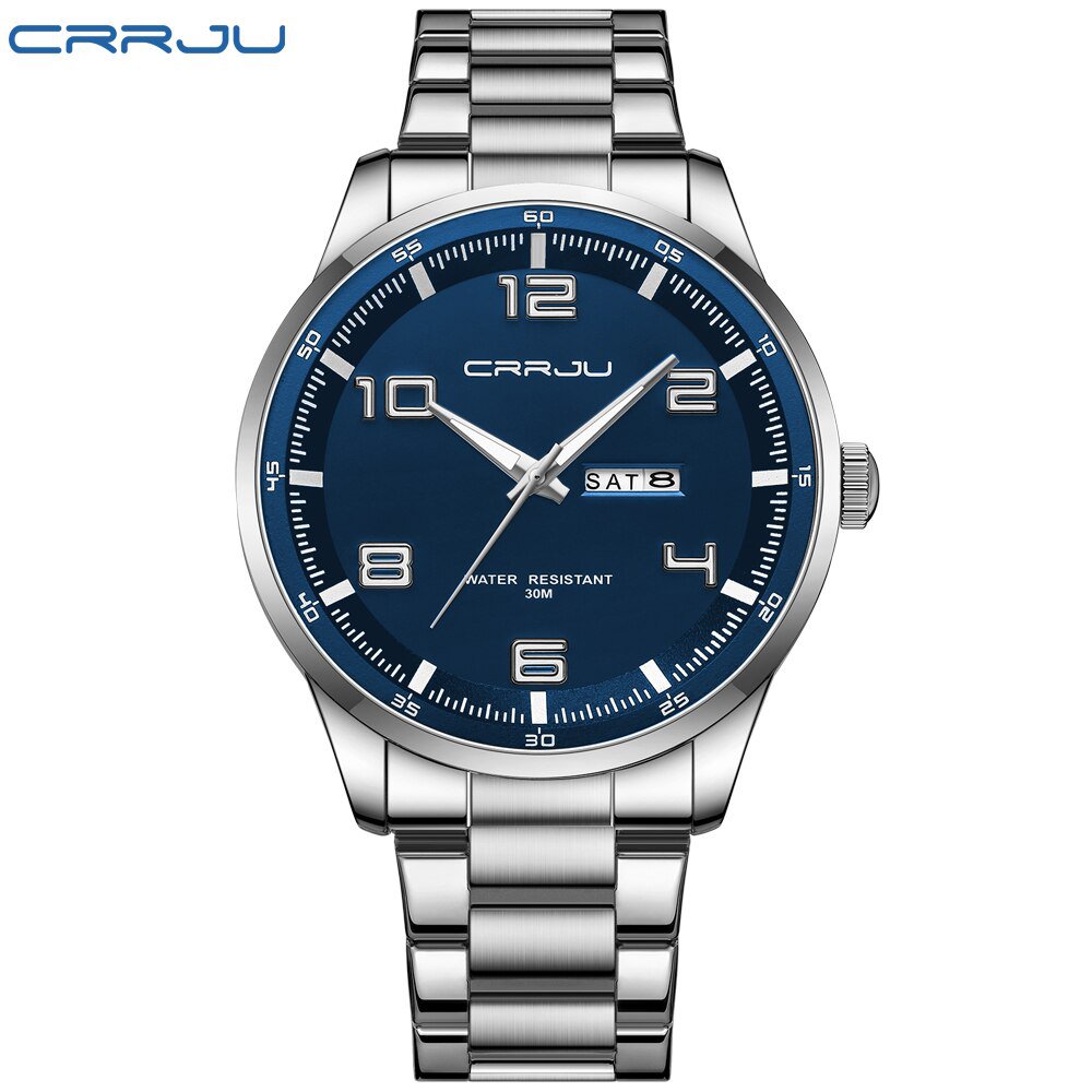 Silver blue_Stainless Steel Quartz Casual Business Watches for Men Luminous Hands Clock