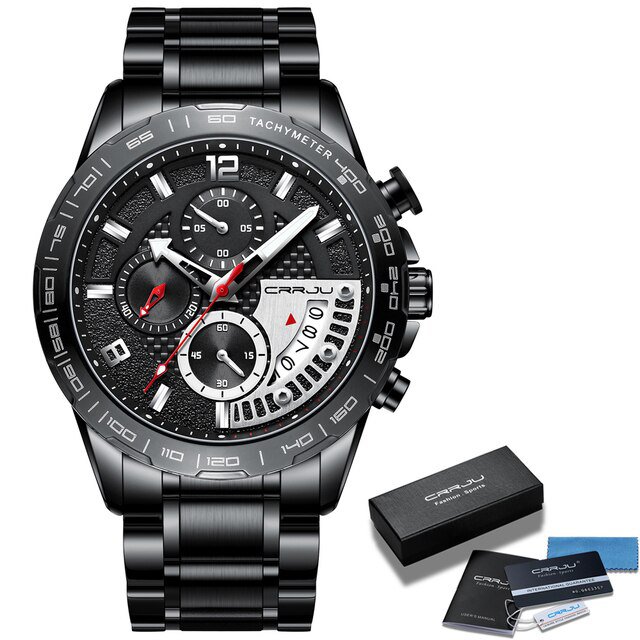 Black Silver Box_Men Watch Classic Business Waterproof Chronograph Quartz Wristwatch Casual Date Dis