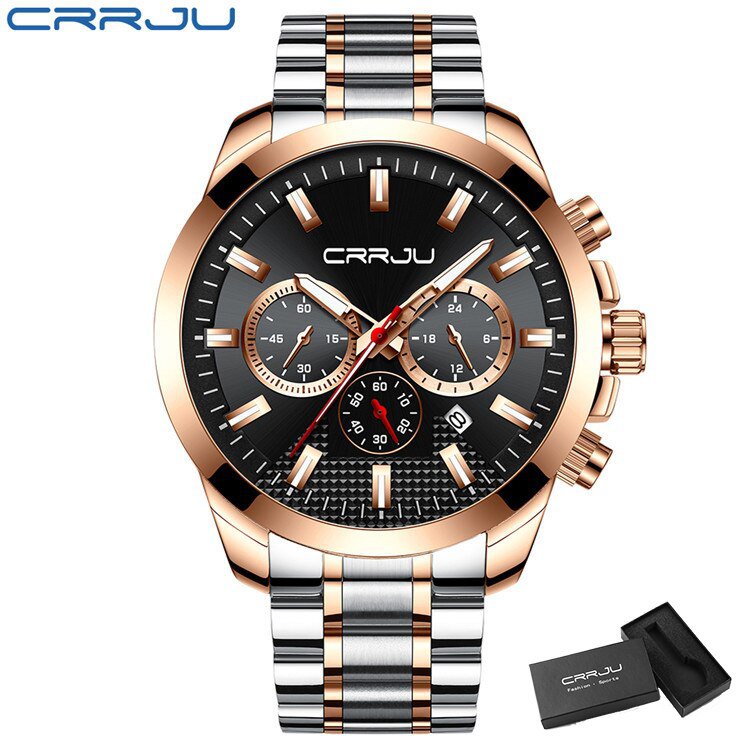 Silver Rose box_Mens Watches Stainless Steel  Luxury Multi-function Chronograph Quartz Wristwatch