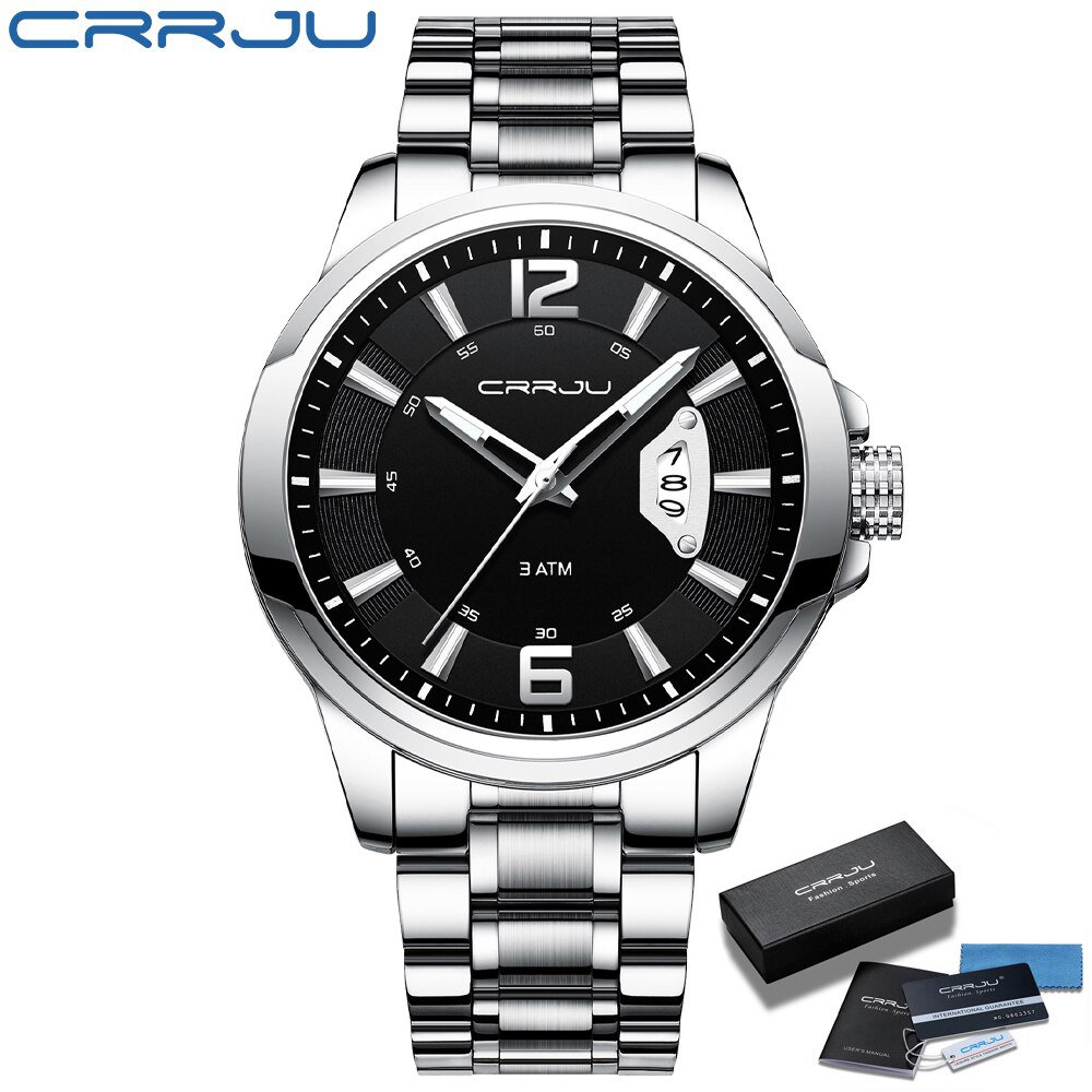 silver black BOX_Men's Watch  Luxury Sports Quartz Full Steel Waterproof with Date Wristwatch