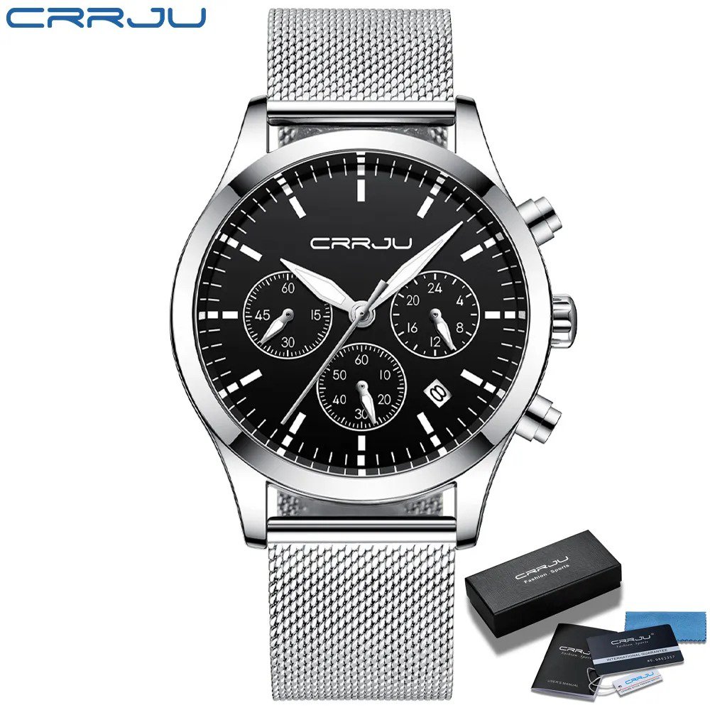 silver black BOX_Men Watch Luxury WristWatch Stainless Steel Waterproof Dress Quartz Mesh