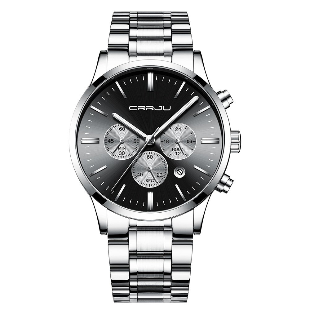 silver black_Men Stainless Steel Quartz Watches Luxury Business Chronograph Wristwatch Waterproof Cl