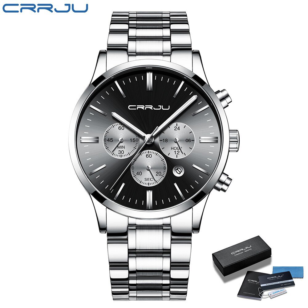 silver black box_Men Stainless Steel Quartz Watches Luxury Business Chronograph Wristwatch Waterproo