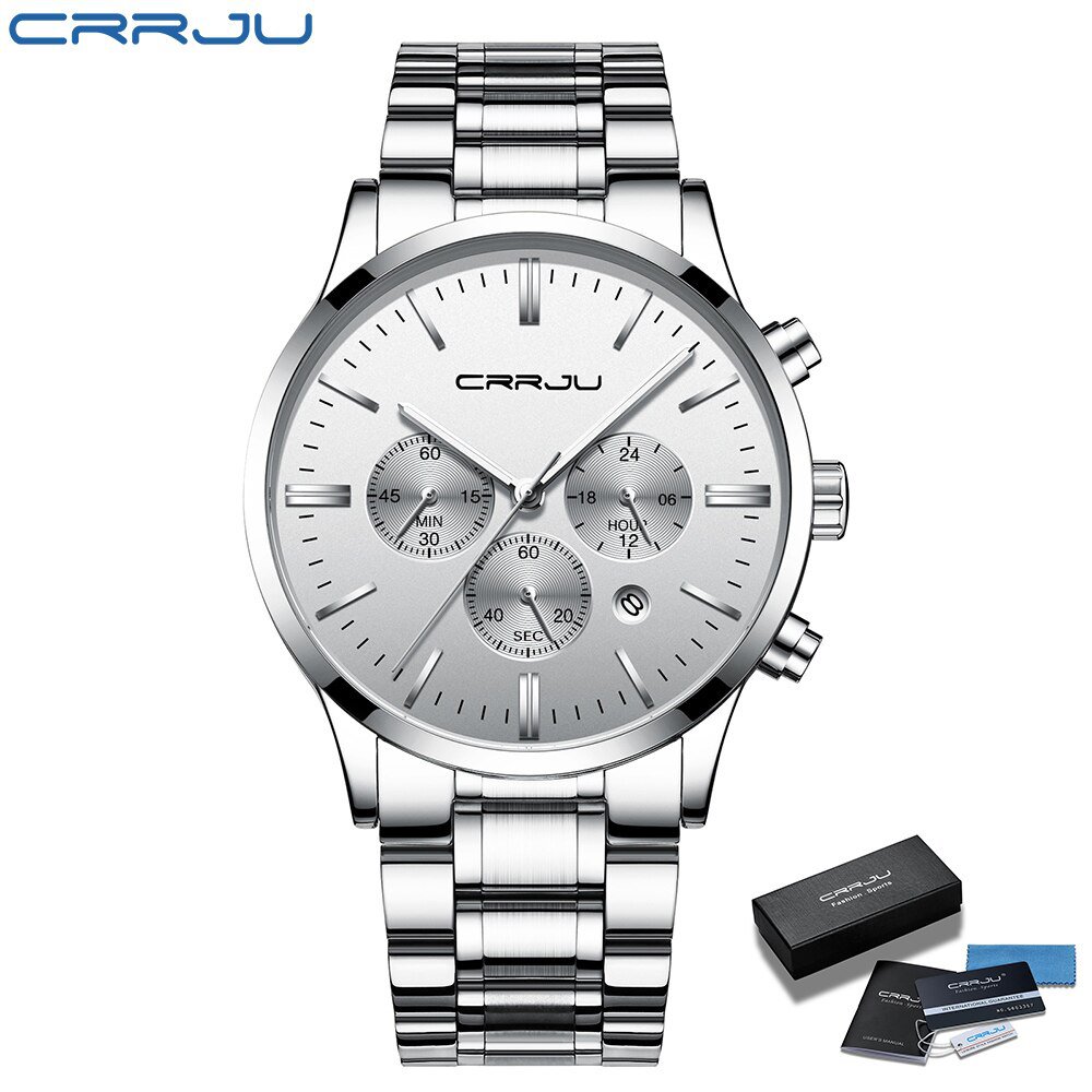 silver white box_Men Stainless Steel Quartz Watches Luxury Business Chronograph Wristwatch Waterproo