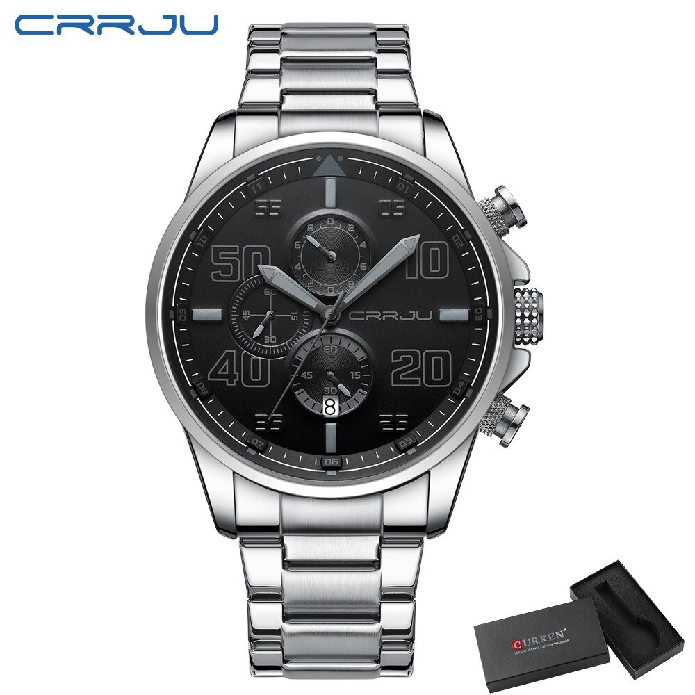 Silver black box_Luxury Men's Stainless Steel Chronograph Quartz Watch Waterproof Big Dial Date Wris